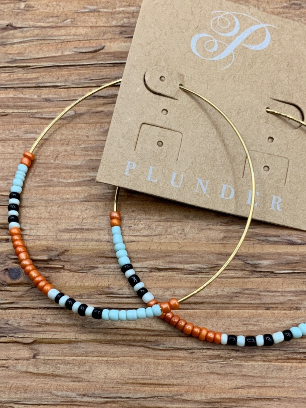 Plunder Design BOHO Gold Tone Orange, Light Blue and Black Beads Hoop Earrings